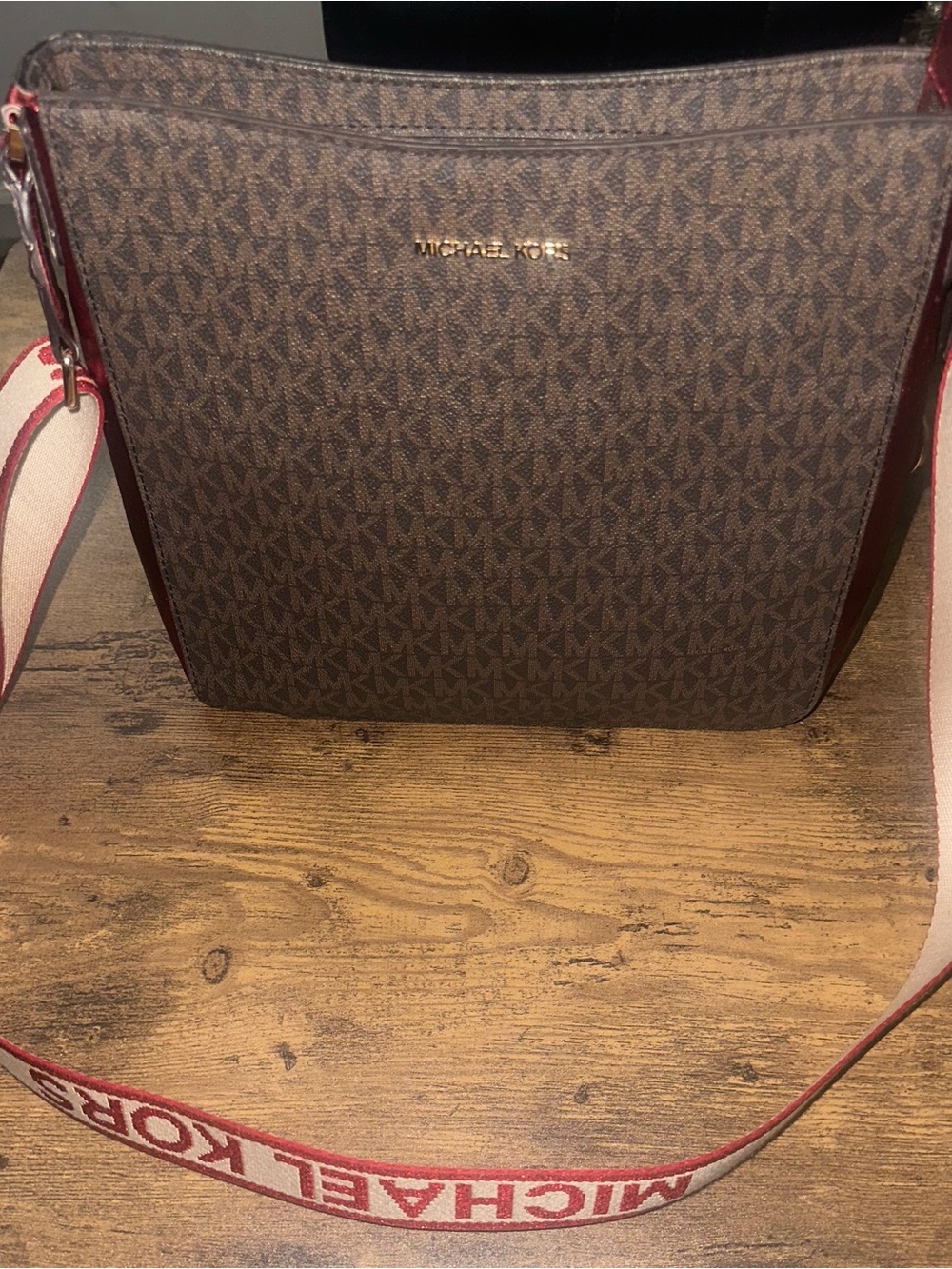 Michael Kors Brown Logo Crossbody with Red-Trim Strap